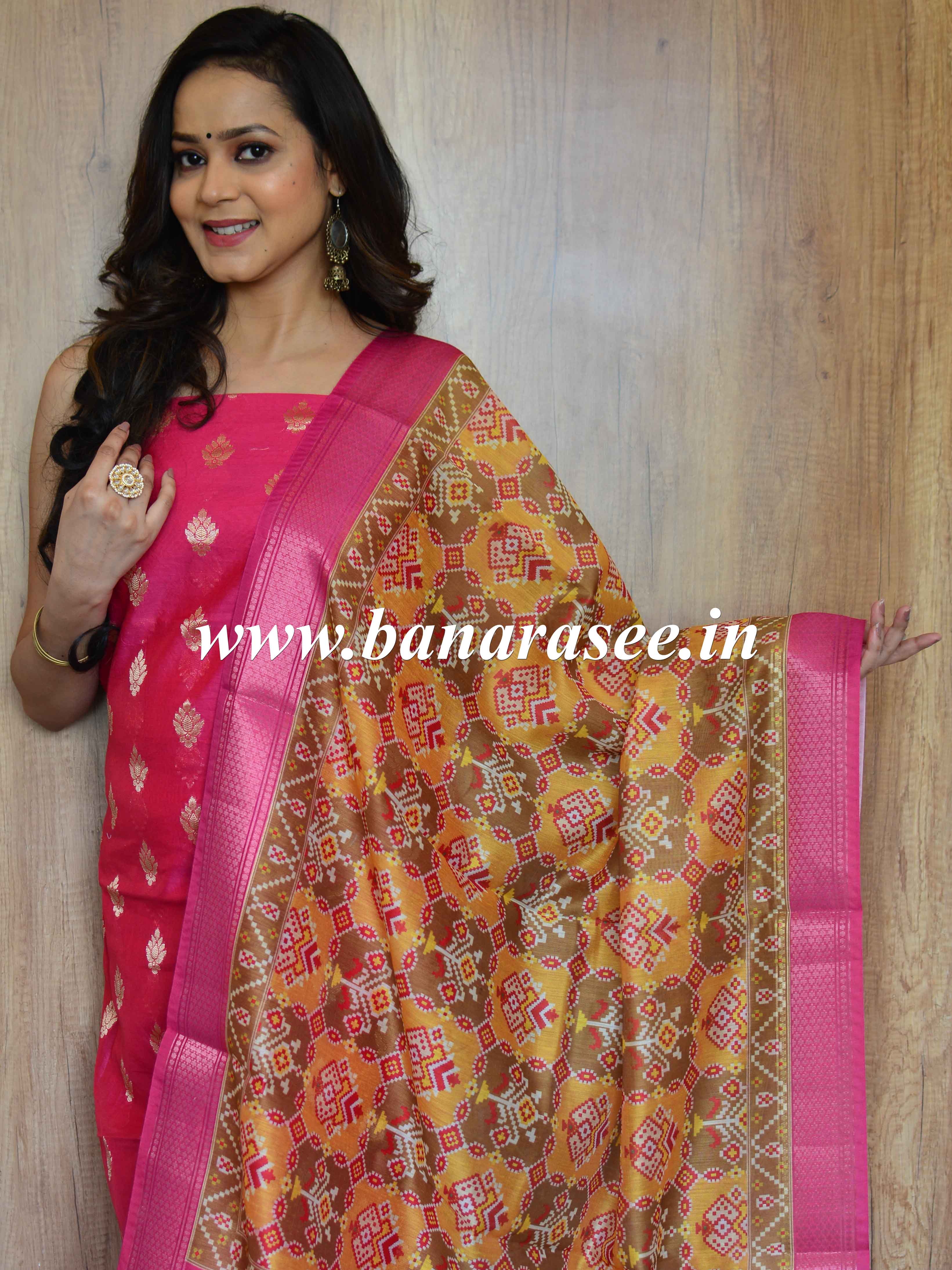 Banarasee Chanderi Cotton Zari Buta Salwar Kameez Fabric With Digital Print Dupatta-Pink
