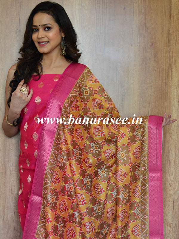 Banarasee Chanderi Cotton Zari Buta Salwar Kameez Fabric With Digital Print Dupatta-Pink
