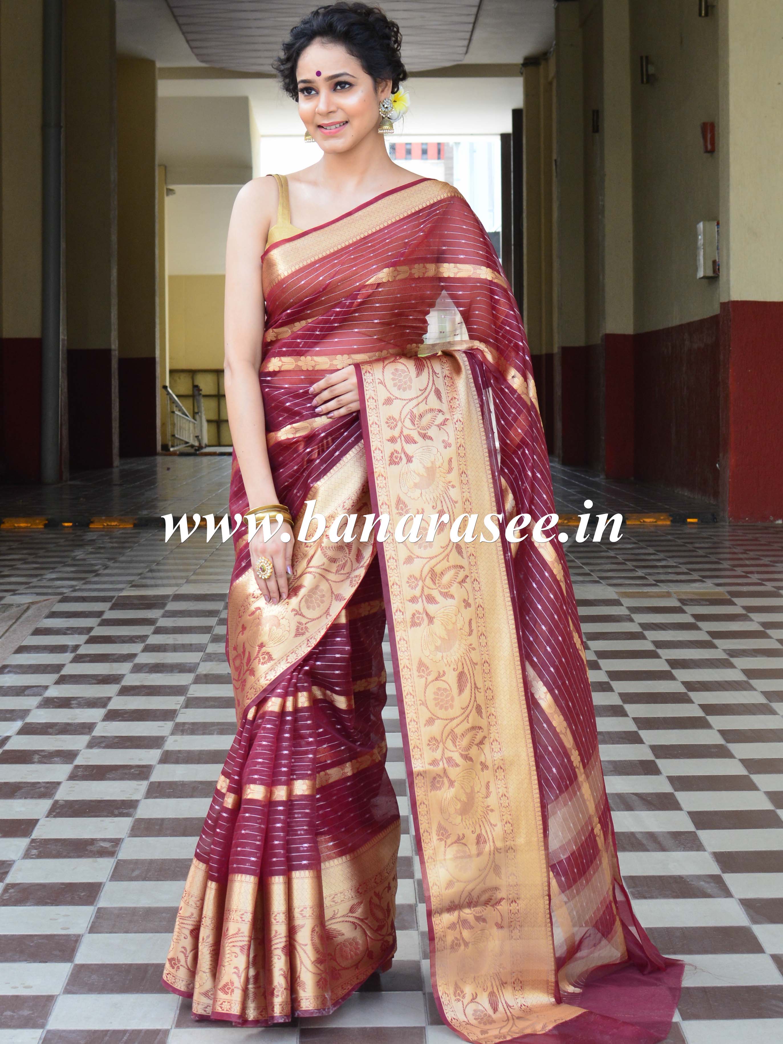 Banarasee Organza Mix Saree With Stripes Design & Broad Border-Maroon