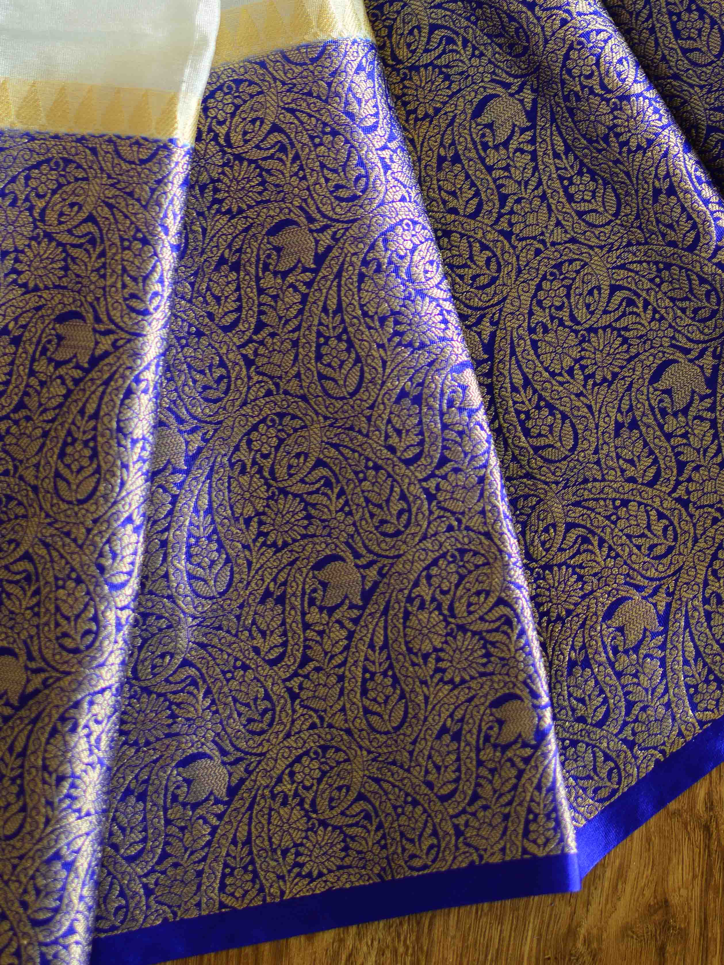 Banarasee Handwoven Semi Silk Saree Broad Zari Border-White & Blue