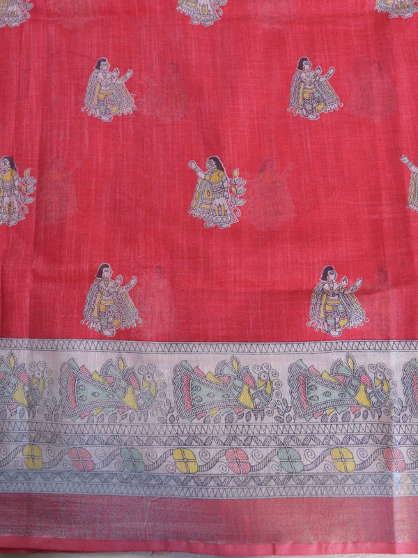 Bhagalpuri Handloom Pure Linen Cotton Block Printed Saree-Red
