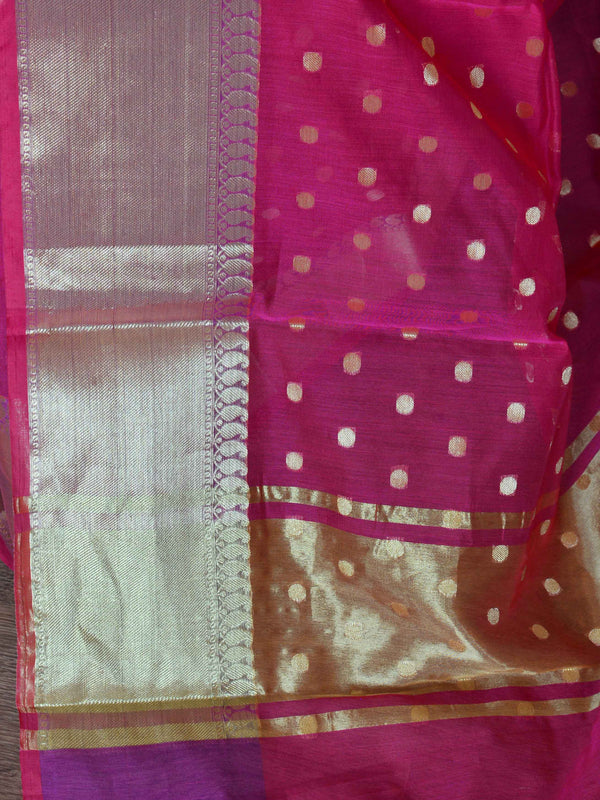 Banarasee Chanderi Cotton Zari Polka Dots With Skirt Border-Pink