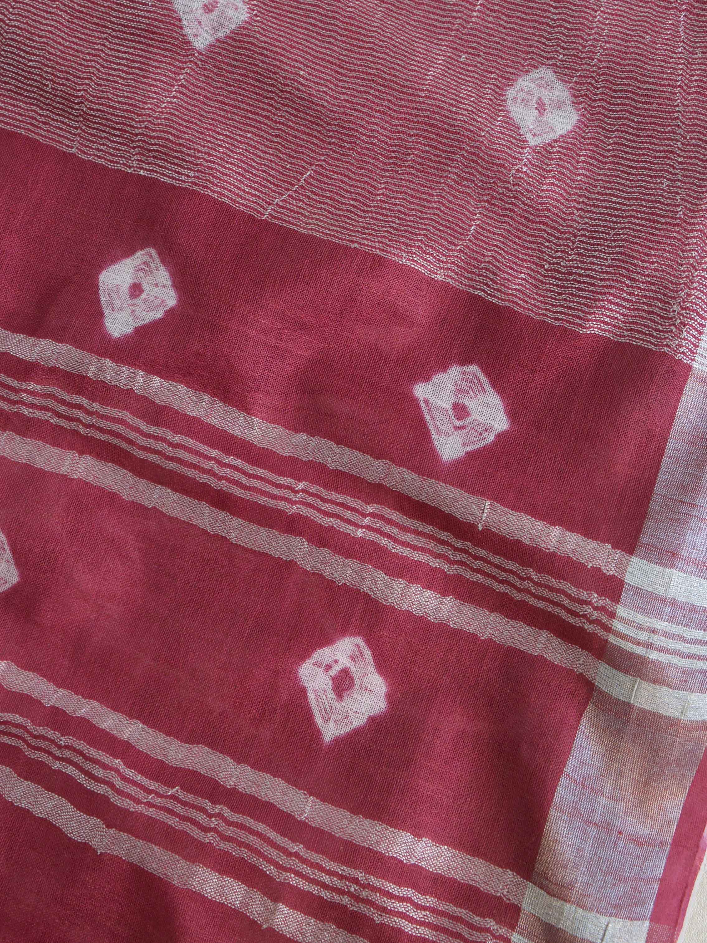 Bhagalpur Handloom Pure Linen Cotton Hand-Dyed Shibori Pattern Saree- White