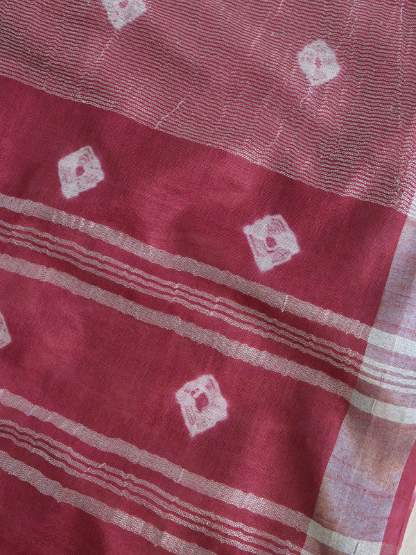 Bhagalpur Handloom Pure Linen Cotton Hand-Dyed Shibori Pattern Saree- White