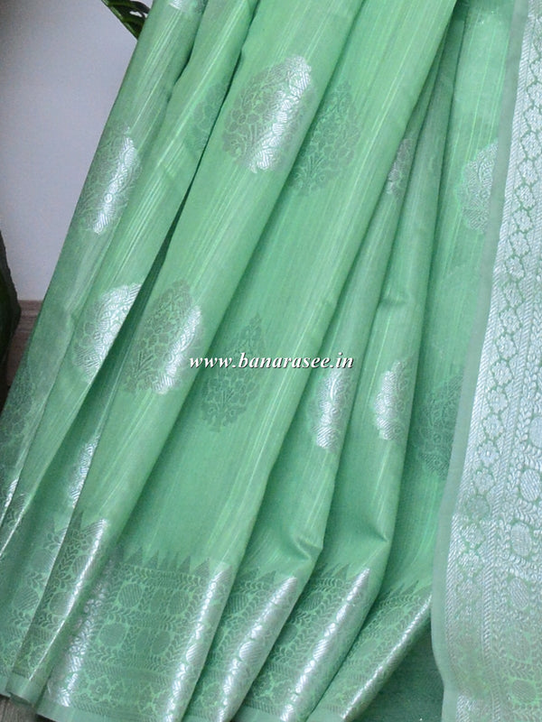 Banarasee Cotton Silk Saree With  Silver Zari Buta & Border-Green