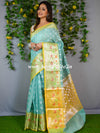 Banarasee Organza Mix Saree With Silver Zari Buta & Contrast Satin Border-Green