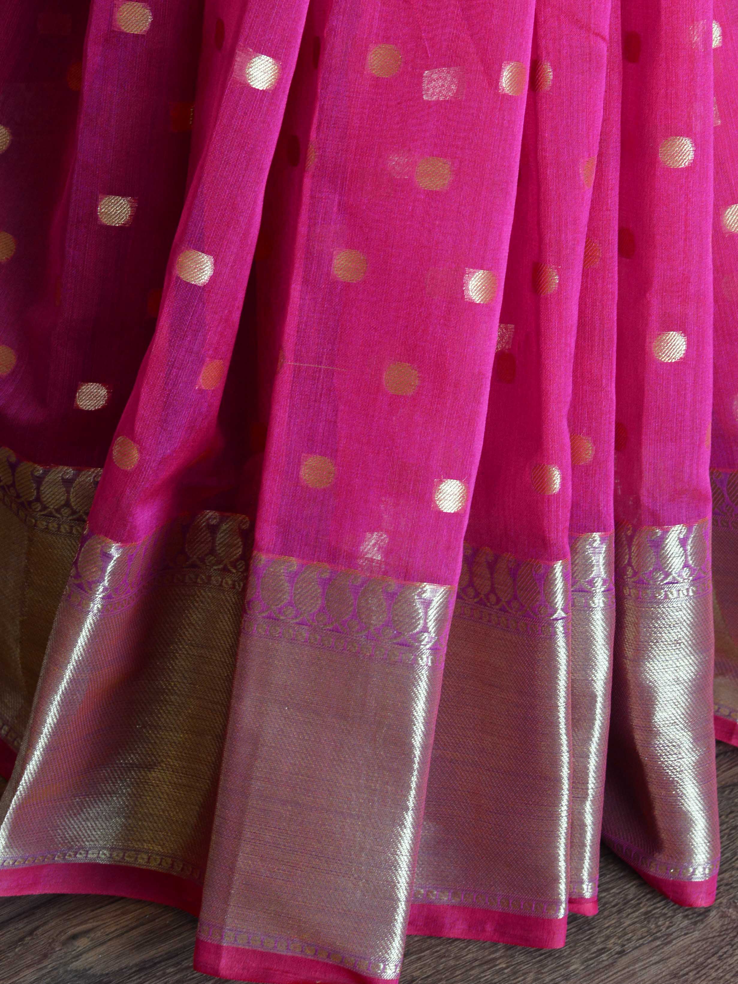 Banarasee Chanderi Cotton Zari Polka Dots With Skirt Border-Pink