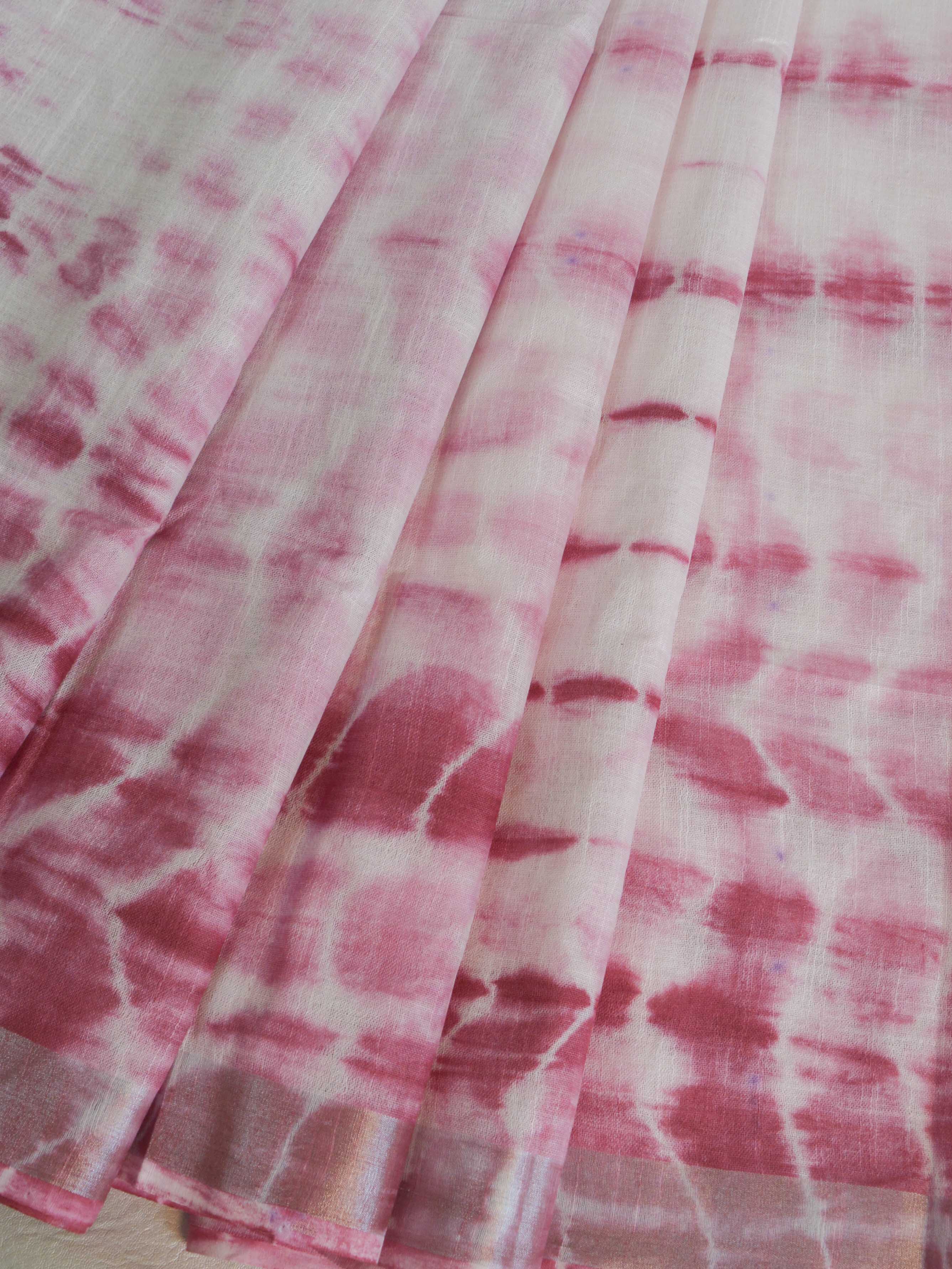 Bhagalpur Handloom Pure Linen Cotton Hand-Dyed Shibori Pattern Saree- White