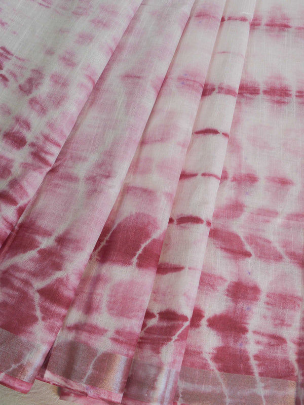 Bhagalpur Handloom Pure Linen Cotton Hand-Dyed Shibori Pattern Saree- White