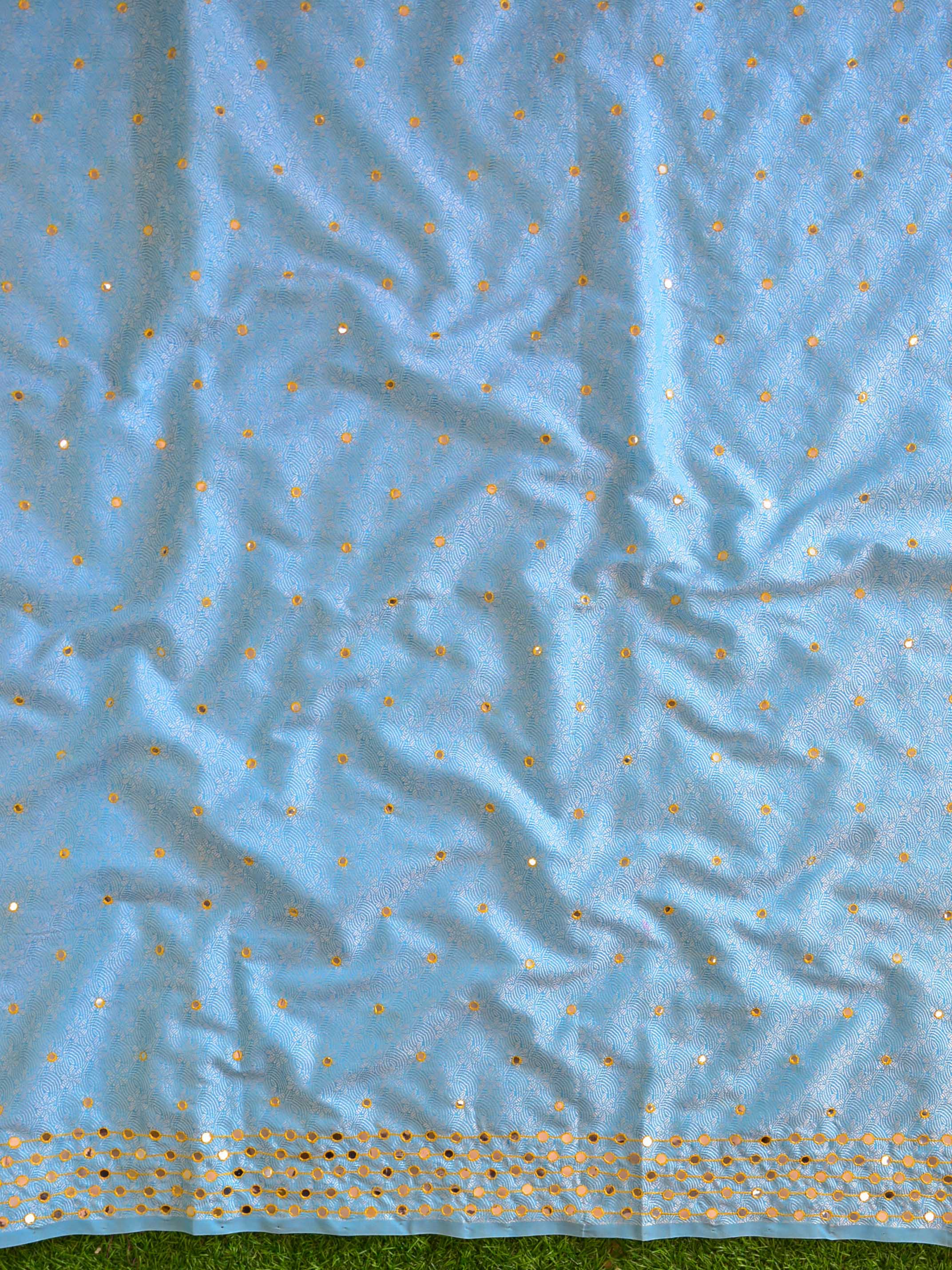 Banarasee Brocade Salwar Kameez Fabric With Mirror Work-Blue & Yellow