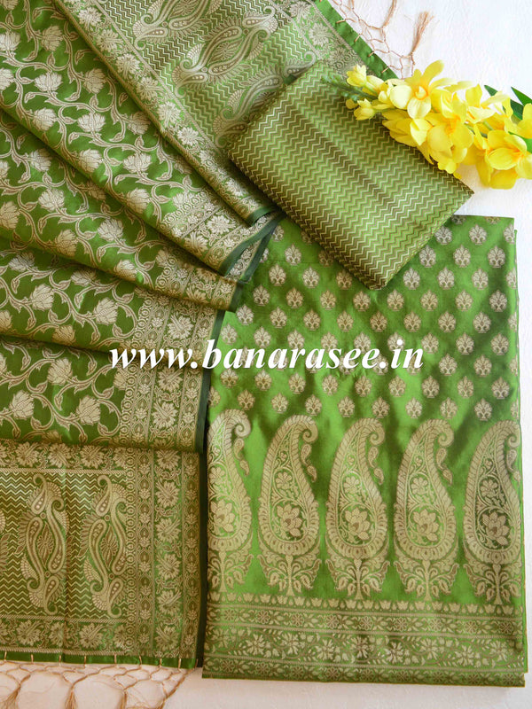 Banarasee Salwar Kameez Cotton Silk Resham Buti Woven Fabric-Olive Green