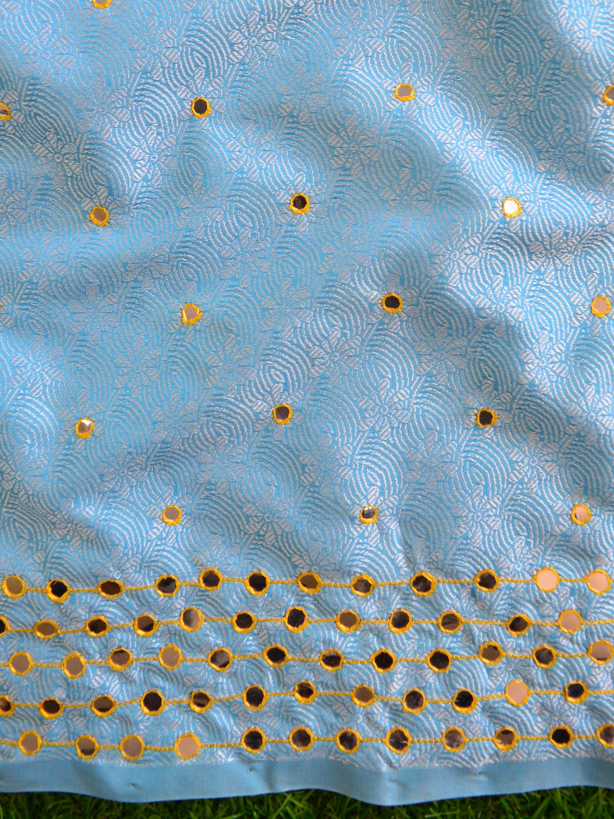 Banarasee Brocade Salwar Kameez Fabric With Mirror Work-Blue & Yellow