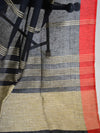 Banarasee Handloom Pure Linen Saree With Red Border-Black