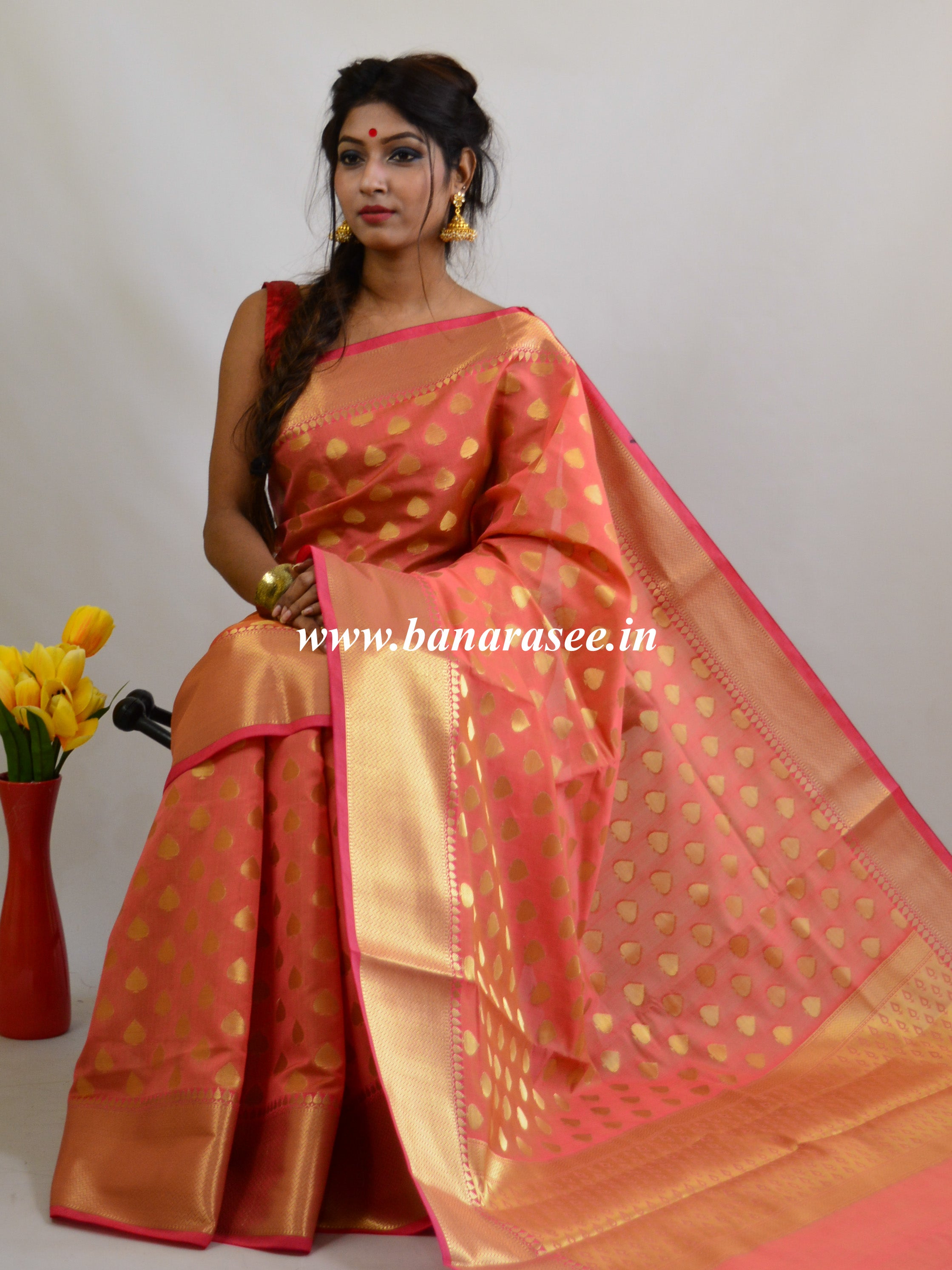 Banarasee Art Silk Saree with Zari Buti-Coral