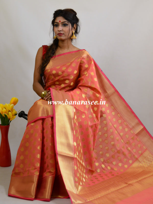 Banarasee Art Silk Saree with Zari Buti-Coral