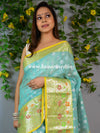 Banarasee Organza Mix Saree With Silver Zari Buta & Contrast Satin Border-Green