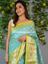 Banarasee Organza Mix Saree With Silver Zari Buta & Contrast Satin Border-Green