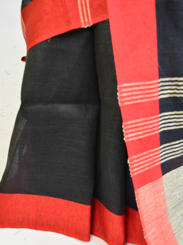 Banarasee Handloom Pure Linen Saree With Red Border-Black