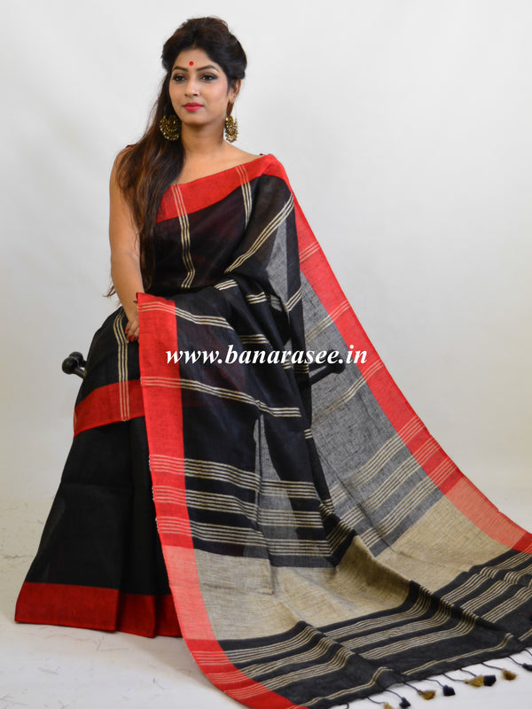 Banarasee Handloom Pure Linen Saree With Red Border-Black