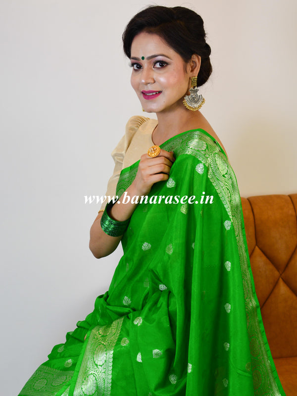 Banarasee Handwoven Semi-Chiffon Saree With Silver Zari-Green