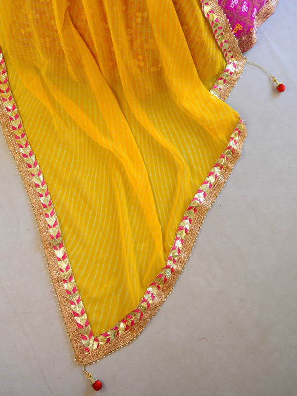 Banarasee Semi-Stitched Lehenga & Blouse Fabric With Chiffon Dupatta-Pink & Yellow