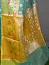 Banarasee Organza Mix Saree With Silver Zari Buta & Contrast Satin Border-Green
