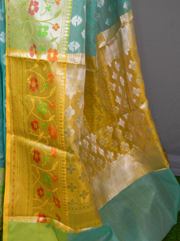 Banarasee Organza Mix Saree With Silver Zari Buta & Contrast Satin Border-Green