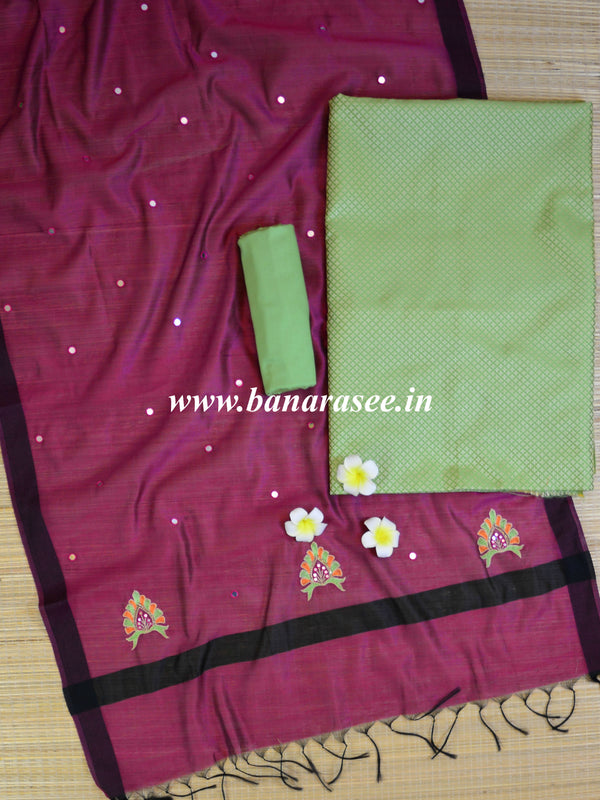 Banarasee Brocade Salwar Kameez Fabric With Mirror Work Dupatta-Green & Purple