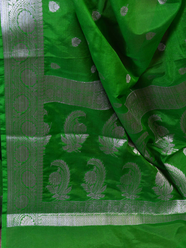 Banarasee Handwoven Semi-Chiffon Saree With Silver Zari-Green