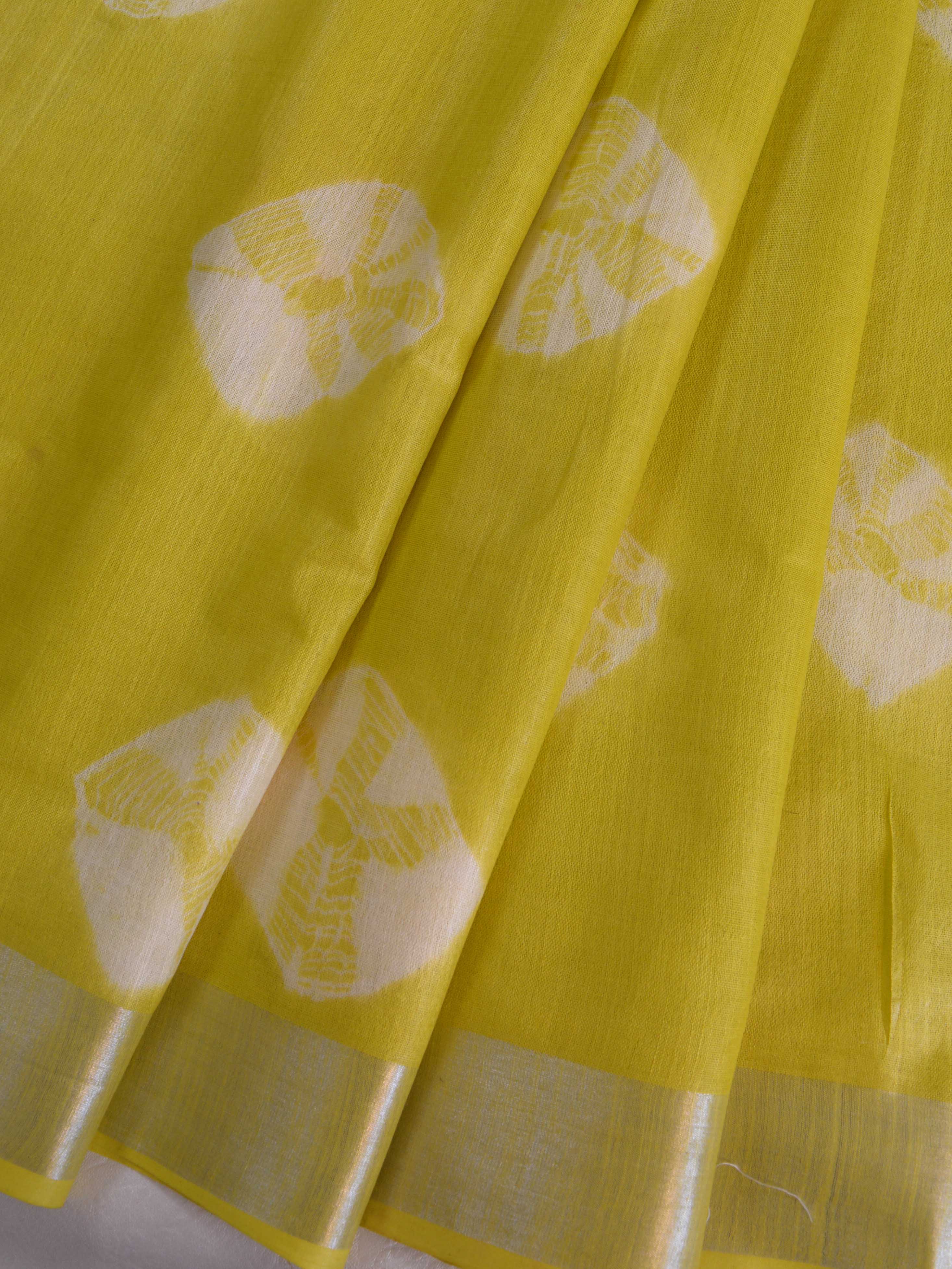 Bhagalpur Handloom Pure Linen Cotton Hand-Dyed Shibori Pattern Saree-Yellow
