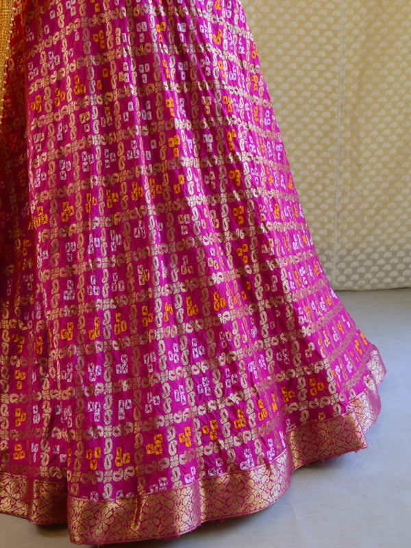 Banarasee Semi-Stitched Lehenga & Blouse Fabric With Chiffon Dupatta-Pink & Yellow