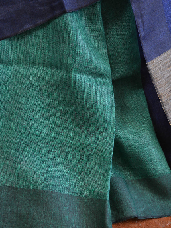 Bhagalpuri Handloom Pure Linen Saree-Deep Blue With Green