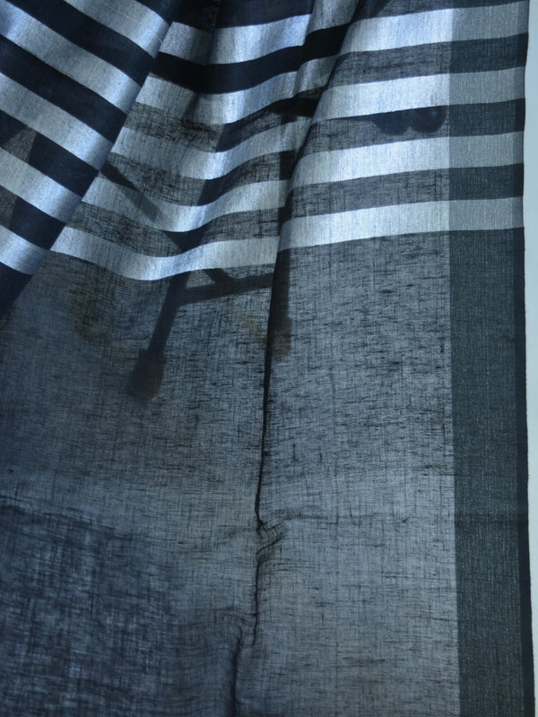 Banarasee Handloom Pure Linen Saree With Silver Stripes-Black