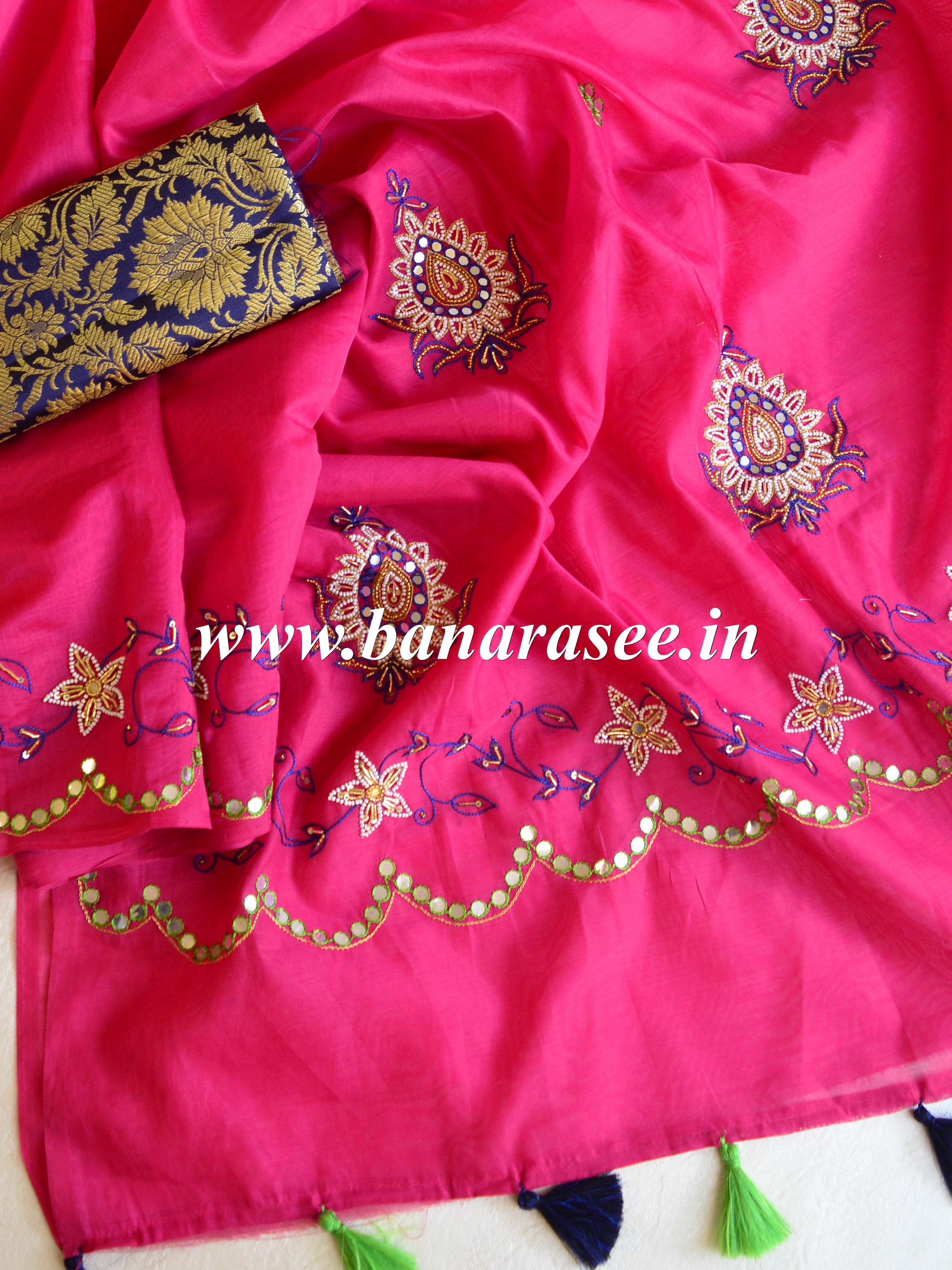 Banarasee Chanderi Cotton Hand-Embroidered Saree-Pink
