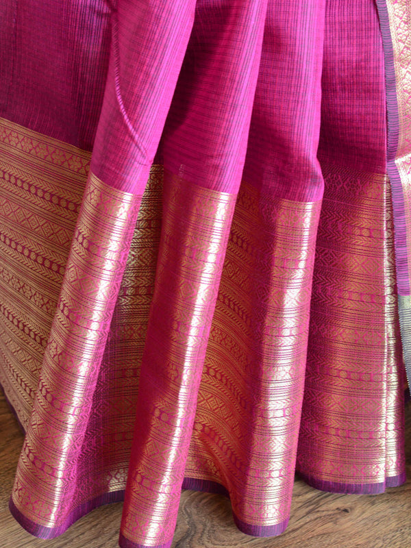 Banarasee Cotton Silk Plain Body Saree With Zari Skirt Border-Magenta