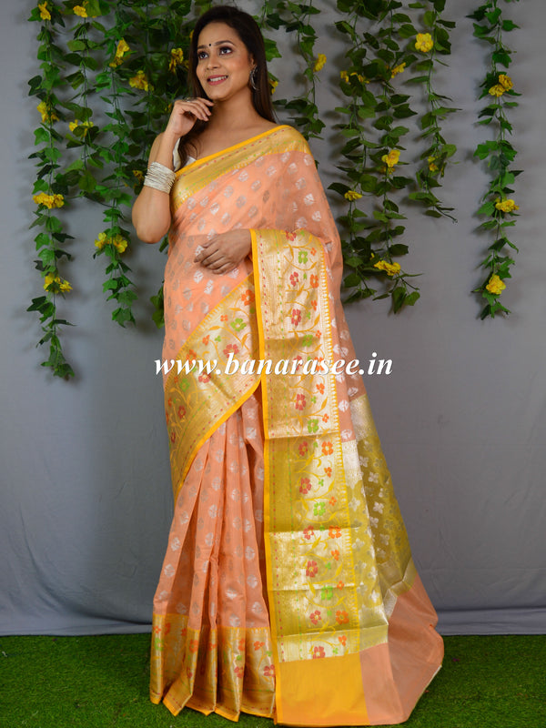 Banarasee Organza Mix Saree With Silver Zari Buta & Contrast Satin Border-Peach