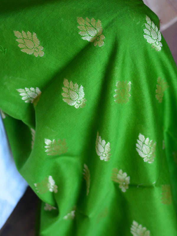 Banarasee Chanderi Cotton Zari Buta Salwar Kameez Fabric With Digital Print Dupatta-Green