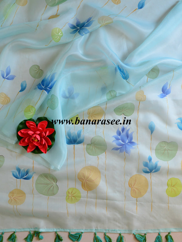 Banarasee Pure Organza Silk Saree With Hand-Paint Floral Design-Sky Blue