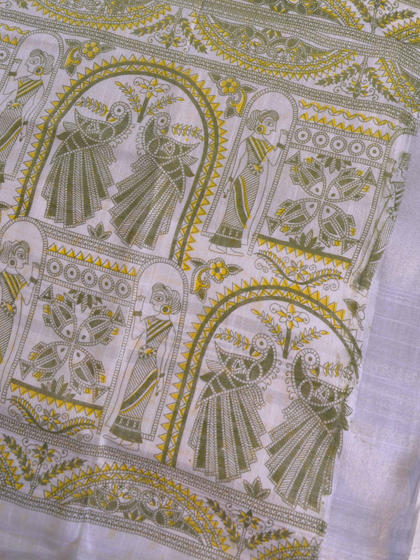 Bhagalpuri Handloom Pure Linen Cotton Block Printed Saree-White