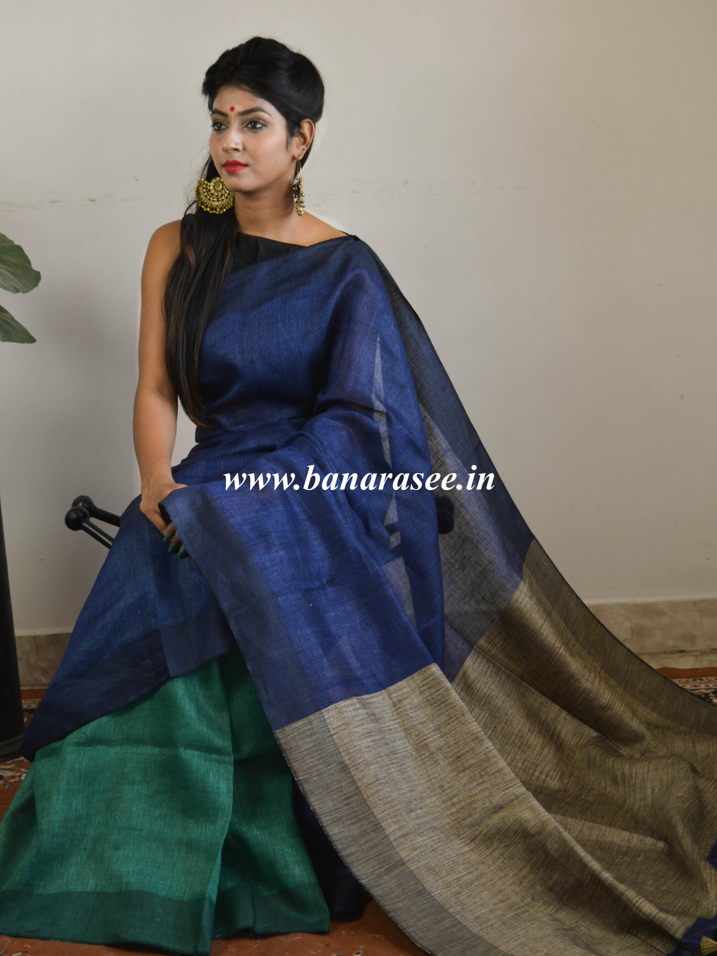 Bhagalpuri Handloom Pure Linen Saree-Deep Blue With Green