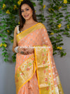 Banarasee Organza Mix Saree With Silver Zari Buta & Contrast Satin Border-Peach