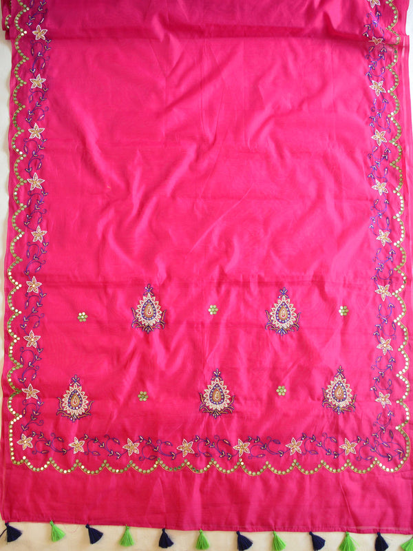 Banarasee Chanderi Cotton Hand-Embroidered Saree-Pink