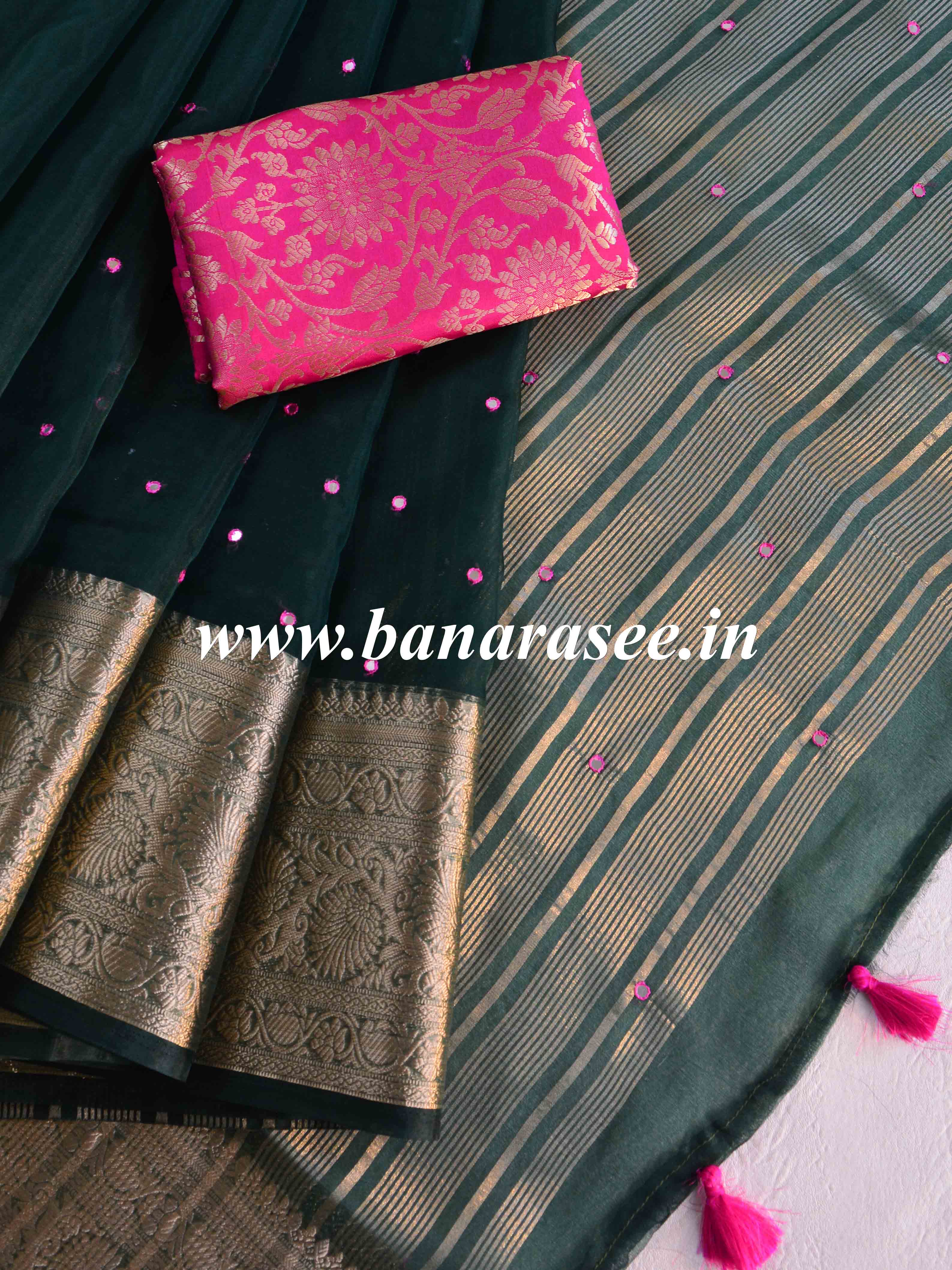 Banarasee Hand-Embroidered Mirror Work Organza Saree With Contrast Blouse-Green