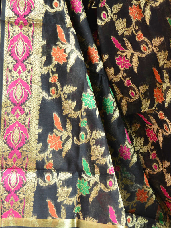 Banarasee Chanderi Cotton Salwar Kameez Fabric With Dupatta Zari Buta Design-Black