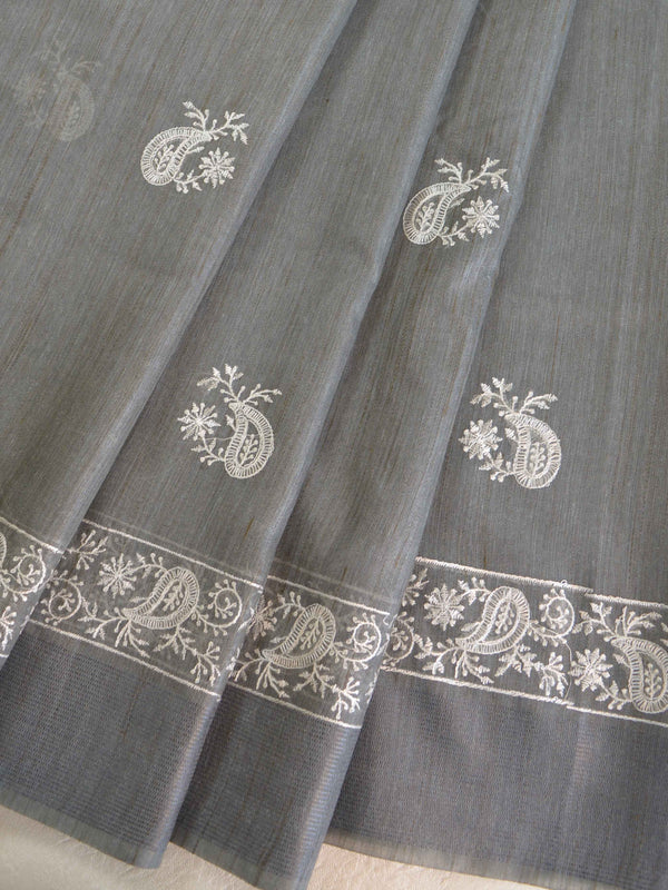 Bhagalpur Cotton Silk Ghichha Work Embroidered Saree-Grey