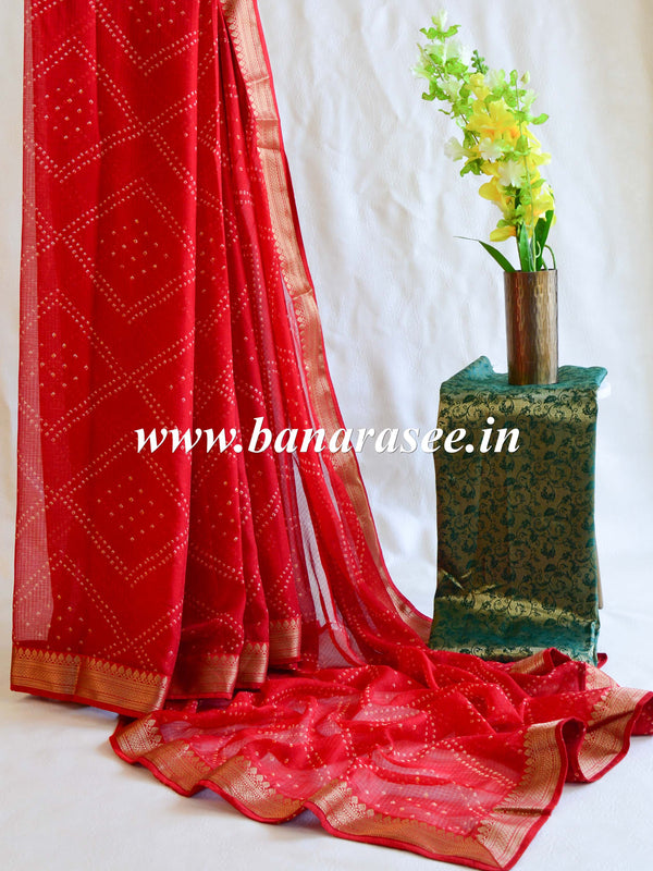 Banarasee Chiffon Blend Saree Chunri Print Zari Border & Silk Blouse-Red