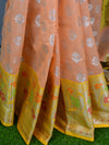 Banarasee Organza Mix Saree With Silver Zari Buta & Contrast Satin Border-Peach