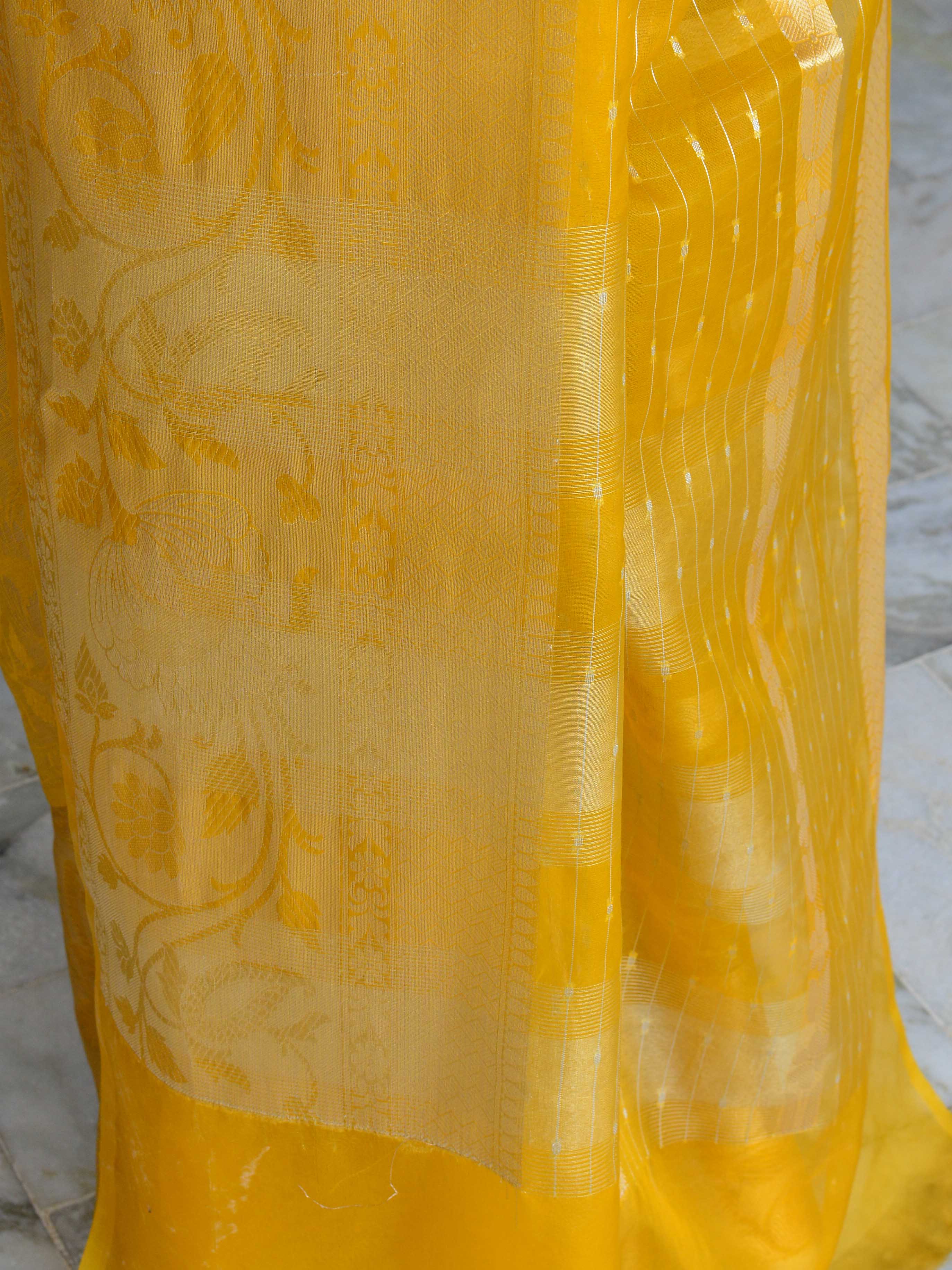 Banarasee Organza Mix Saree With Stripes Design & Broad Border-Yellow