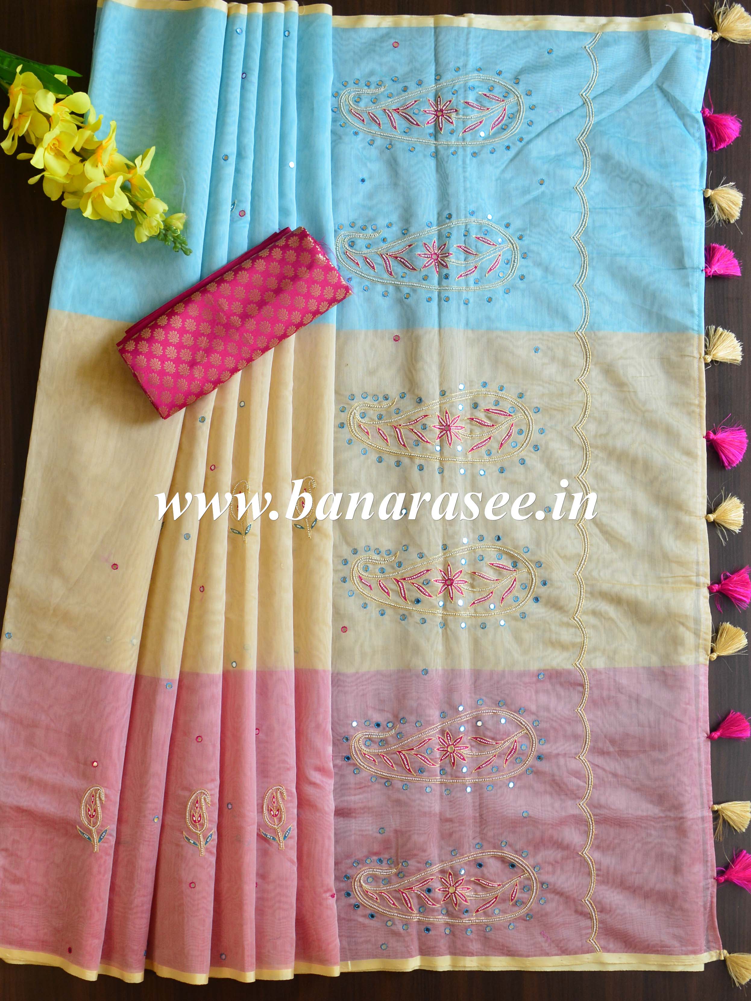 Banarasee Chanderi Cotton Multicolour Hand-Embroidered Saree-Multicolour