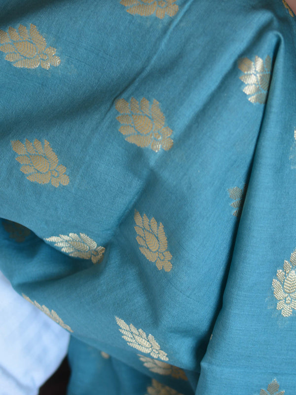 Banarasee Chanderi Cotton Zari Buta Salwar Kameez Fabric With Digital Print Dupatta-Blue